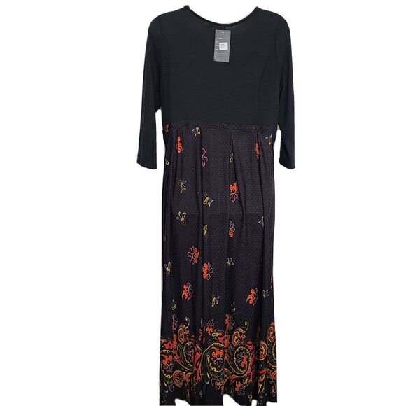 Ice Silk Maxi Dress Size 3XL Black Paisley Rayon Stretch Long 3/4 Sleeve - Picture 2 of 4